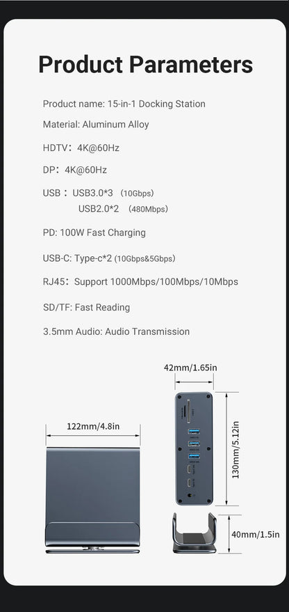 15 In 1 USB-C Docking Station，Type-C 4K60Hz HUB With HDTV*2+PD 100W+USB 2.0/3.0+SD+TF+RJ45 Ethernet+3.5 mm Audio+VGA For Laptop