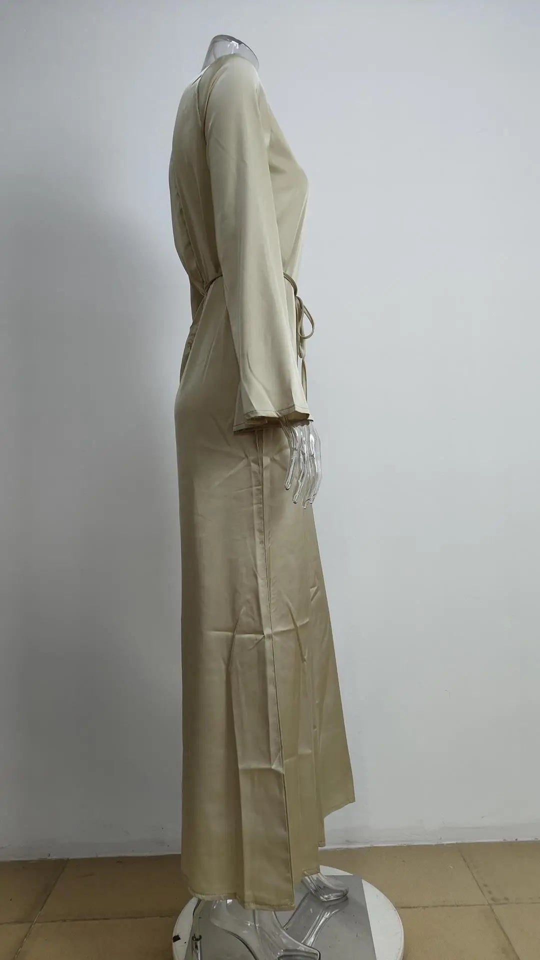 Women‘s Maxi Dress 2025 New Silk Long Round Neck Satin Flare Sleeve Lace Up Slim Skirt Evening Party Dresses Sexy Chic Robes