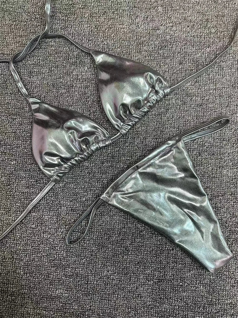 Sexy String Bikini Triangle Swimsuit Goth Silver Y2K Swimwear Women Backless Bathing Suit Micro Extreme Tanga mujer Beach Outfit
