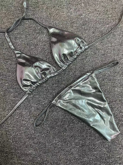 Sexy String Bikini Triangle Swimsuit Goth Silver Y2K Swimwear Women Backless Bathing Suit Micro Extreme Tanga mujer Beach Outfit
