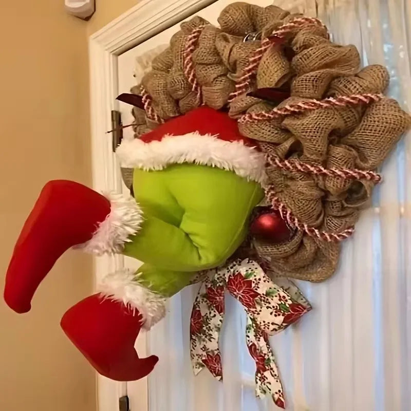 Christmas Thief Wreath，Christmas Elf Leg Wreath， Christmas Burlap Wreath， Holiday Decoration