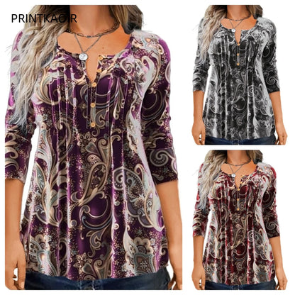 Autumn New T-shirt Elegant Fashionable Comfortable Versatile Print Round Neck Gorgeous Pattern Button Long Sleeve Top