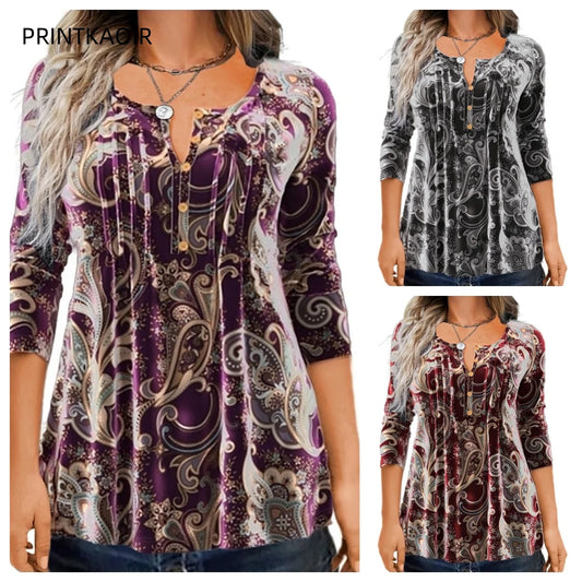 Autumn New T-shirt Elegant Fashionable Comfortable Versatile Print Round Neck Gorgeous Pattern Button Long Sleeve Top