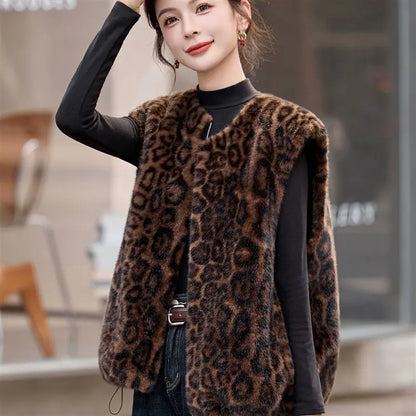Winter fashion  casual senior sense thin  fur integrated leopard print vest warm top clothing  chalecos para mujer