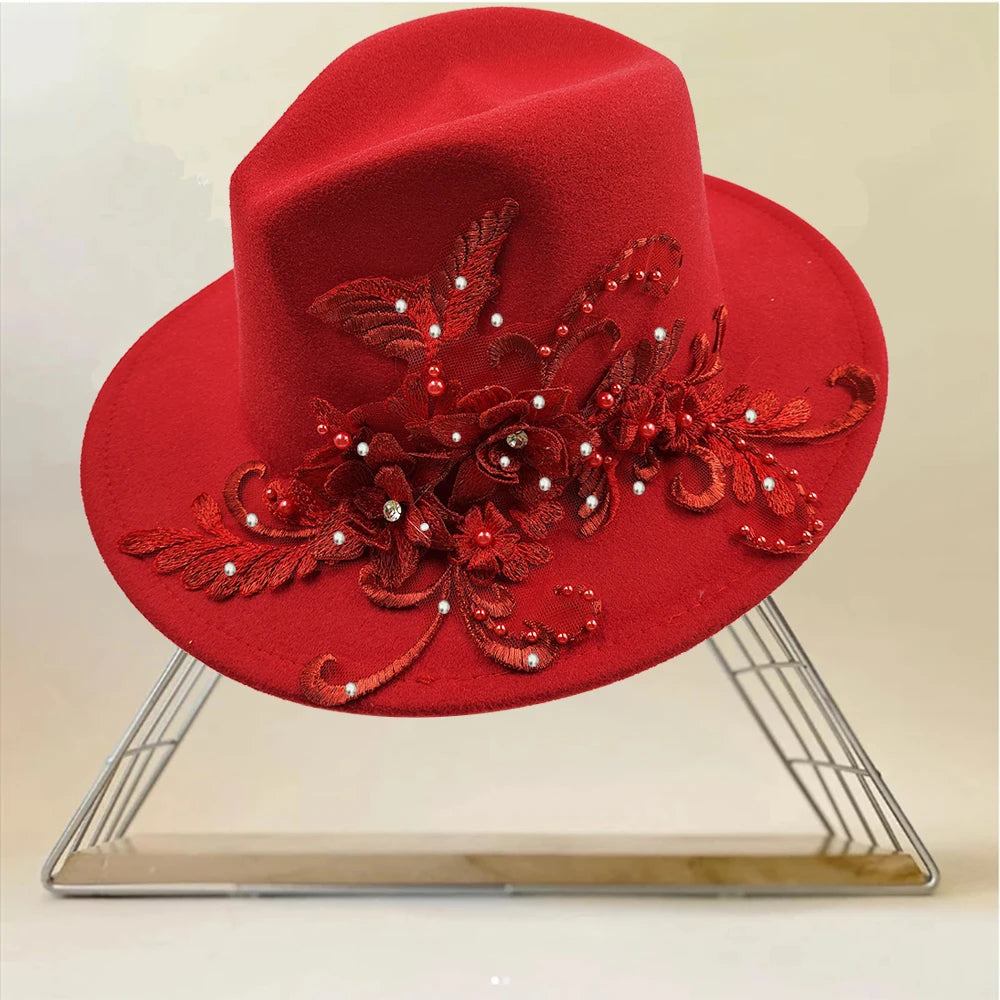 Embroidered three-dimensional flower fedora hat Women's jazz top hat Spring and autumn panama church fashion elegant wedding Hat