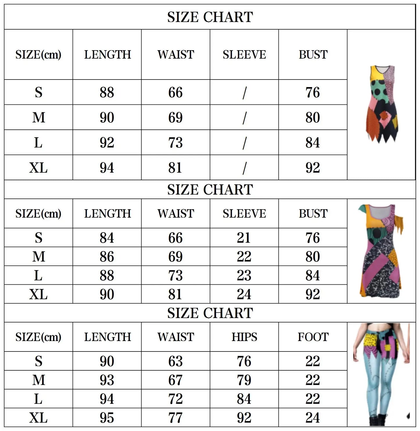 Size chart for Nightmare Before Christmas Sally cosplay costume with detailed measurements for various sizes