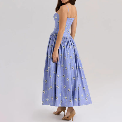 Mingmingxi Summer Floral Print Dress Elegant 2025 New Arrivals Spaghetti Strap Flare Dress Maxi Holiday Party Dresses Women