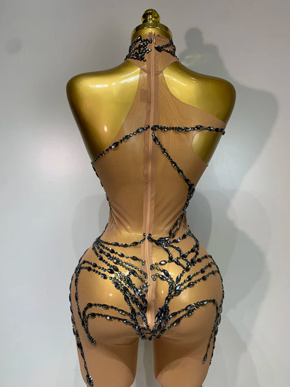 STOCK Sparkly Diamond Women Sexy Mesh Jumpsuit Nightclub Bar Party Show Gogo Dancer Clothing Drag Queen Outfit Stage Costume