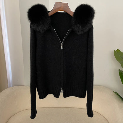 OFTBUY Real Fox Fur Kintwear Women 2025 New Spring Autumn Hooded Sweater Female Loose Zipper Kintted Jacket Oversized Cardigan