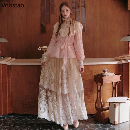 France Style Elegant Sweet 2 Piece Set Women Vintage Lace Patchwork Long Sleeve Blouse Top Mesh Skirt Suit Female Lolita Outfits