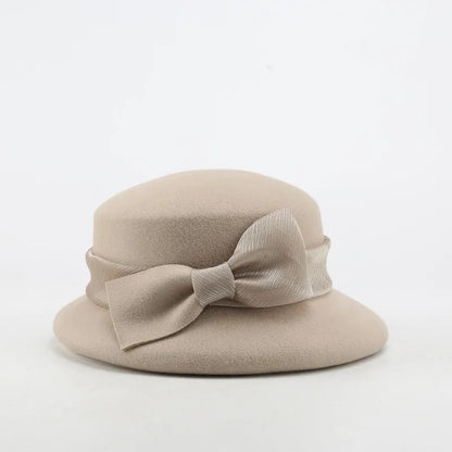 FS Fashion Warm Wool Felt Women's Fedoras Simple Chic Hats Bowknot Bucket Cap Ladies Top Hat Vintage Caps For Women