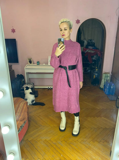 Winter Women Dress Fall Sweater Women Dress Long Sleeve Knitted Dresses Maxi Vintage Oversize Dresses Knitting Thick Warm Purple