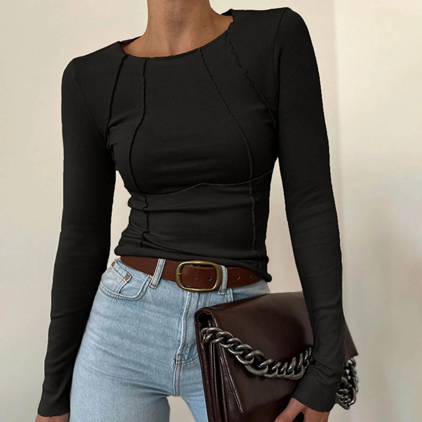 Women's Fall Long Sleeve Top Rib Knit Cropped Casual Crew Neck Slim Fit Exposed Seams Summer Commuting Tight Long Sleeve Shirt