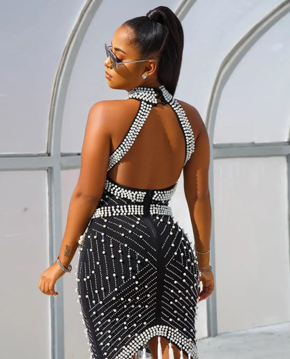 Women Summer Fall Midi Dress Halter Pearl Hot Diamond Tassel Dress Backless Sexy Club Night Party Street Bandage Dresses GL2225