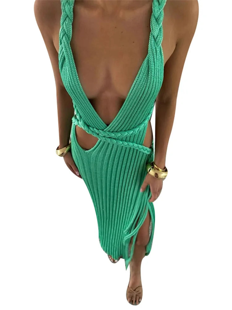 Sexy Knit High Slit Backless Long Dress Women Green Ribbed Hollow V-neck Dresses Female 2025 Summer Lady Beach Party Robes New