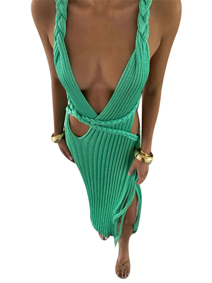 Sexy Knit High Slit Backless Long Dress Women Green Ribbed Hollow V-neck Dresses Female 2025 Summer Lady Beach Party Robes New