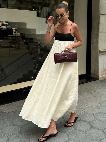 Contrast Loose Sling Women Dresses Sleeveless Backless Square Collar Female Dress 2024 Fashion High Waist Summer Sexy Lady Robe