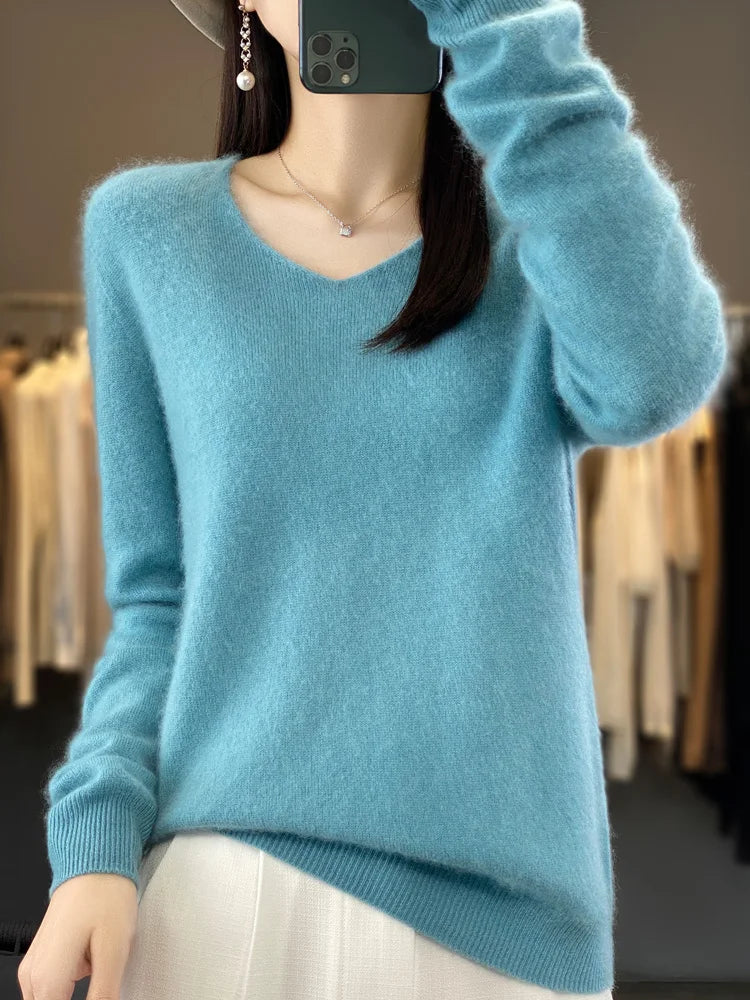 Fashion100% Merino Wool Sweater Cashmere  Pullover Women Knitwear V-Neck Long Sleeve  Autumn Winter Fashion Basic Clothing  Tops