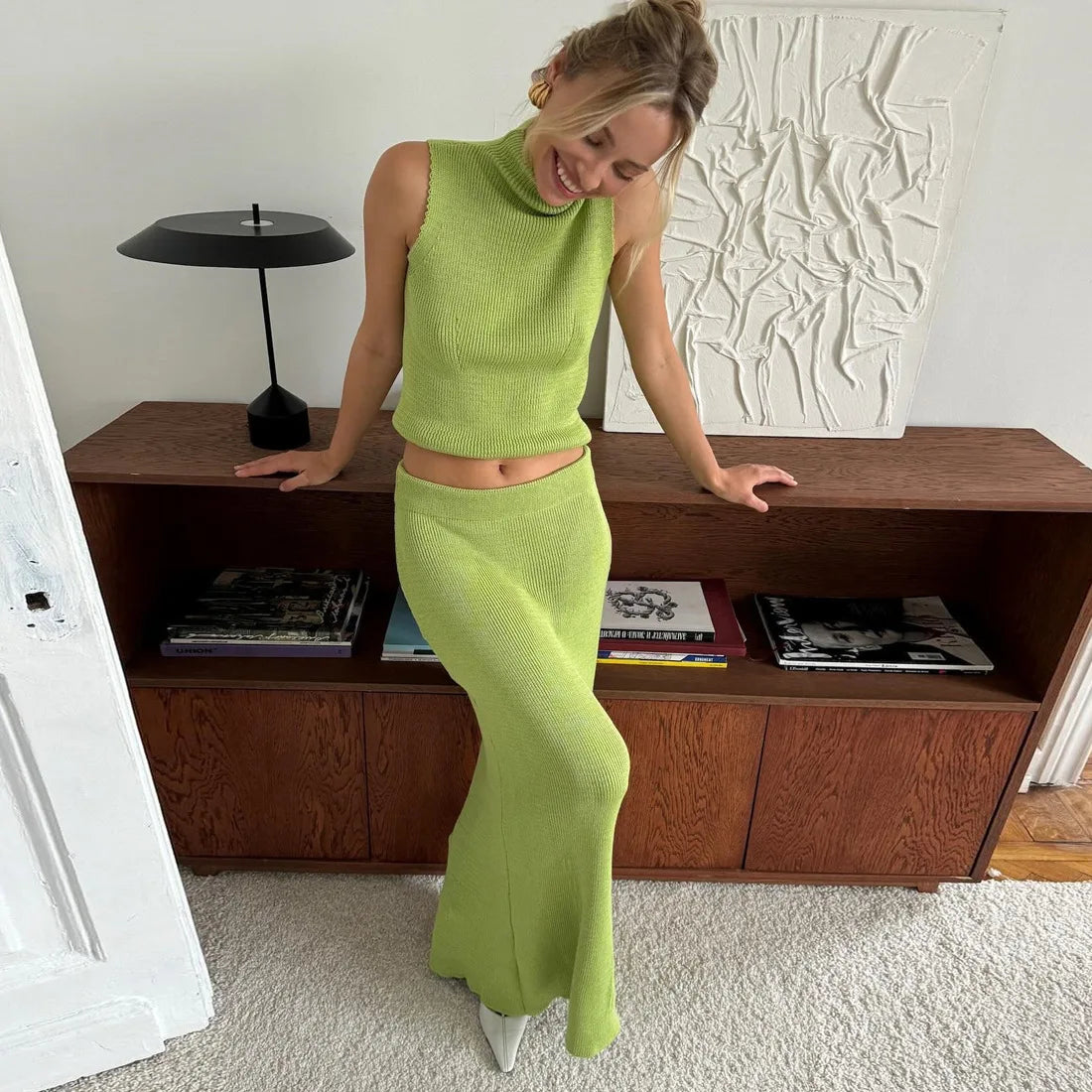 Autumn Elegant Long Skirt Two-piece Set Women's Sleeveless Knitted Turtleneck Vest Slim Skirt Set Female New Fashion Skirt Set