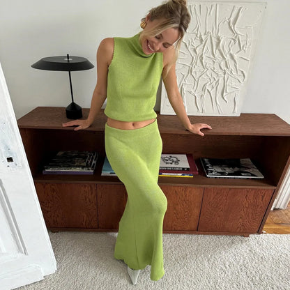 Autumn Elegant Long Skirt Two-piece Set Women's Sleeveless Knitted Turtleneck Vest Slim Skirt Set Female New Fashion Skirt Set