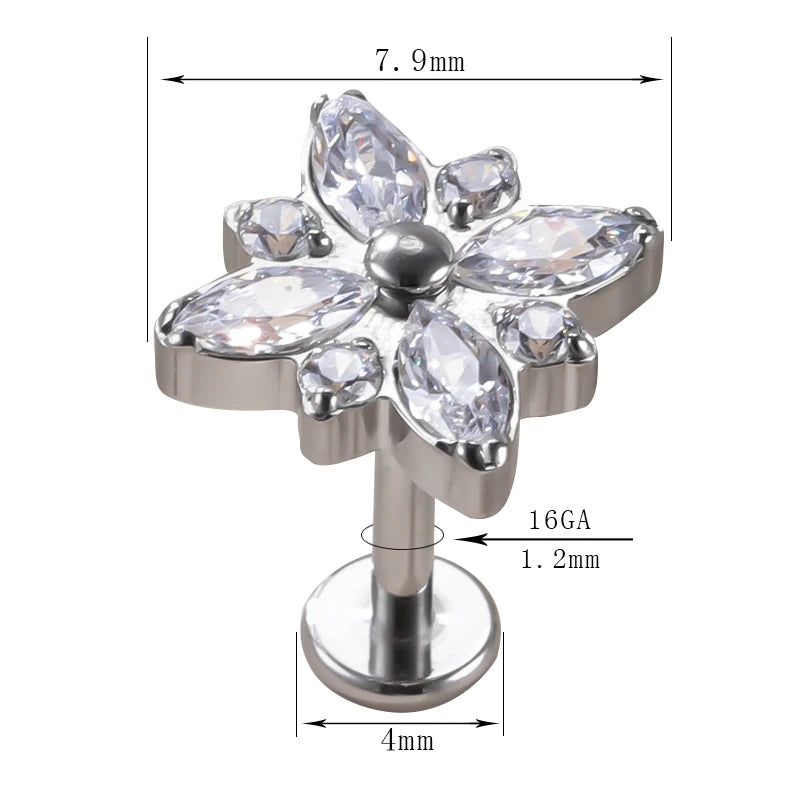 1Pc F136 Titanium Cute  5A CZ Flower Cartilage Crystal Piercing Labret Stud Piercing Jewelry Internally Threaded Ear Tragus Ring