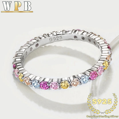 Genuine S925 Sterling Silver Sparkling Colorful Zircon Ring - Elegant 2mm Round Multicolor Jewelry for Party Wedding Daily Wear