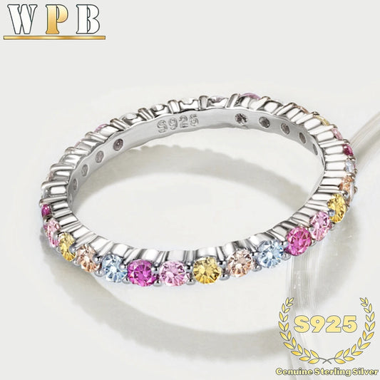 Genuine S925 Sterling Silver Sparkling Colorful Zircon Ring - Elegant 2mm Round Multicolor Jewelry for Party Wedding Daily Wear