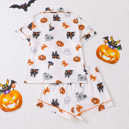 Women Halloween Pajama Set, Pumpkin Print Short Sleeve Button Closure Top with Shorts Sleepwear Loungewear
