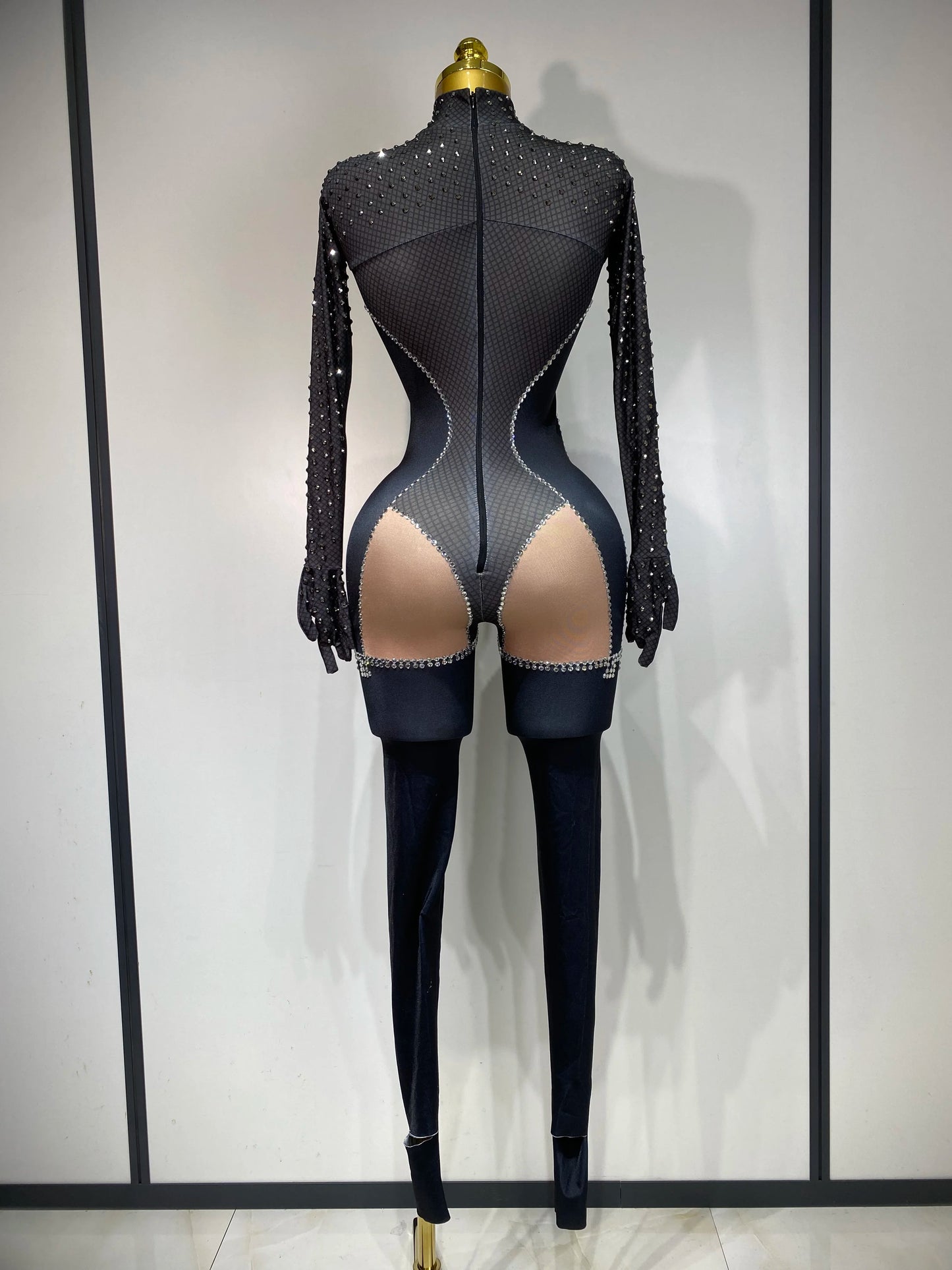 STOCK Sparkly Diamond Women Sexy Mesh Jumpsuit Nightclub Bar Party Show Gogo Dancer Clothing Drag Queen Outfit Stage Costume