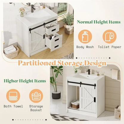 Farmhouse Bathroom Vanity with Sink Combo,Sliding Barn Door Bathroom Vanity Cabinet Set with Storage Drawers, Metal Handles