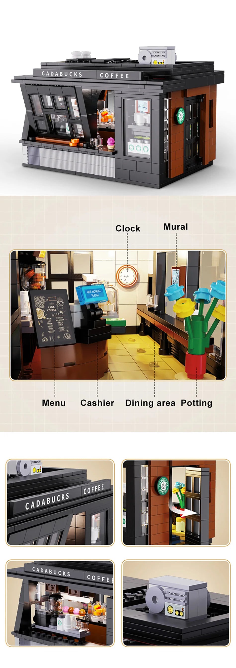 City 768Pcs Coffee Shop House With Led Lights Model Building Blocks Street View Cafe Store Assemble Bricks Toys Kids Adult Gift