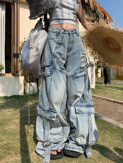 American Fashion Trends Joker Tooling Pocket Baggy Jeans Female Street Y2K New Hip Hop Oversized Wide-leg Pants Unisex Jeans