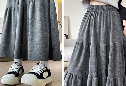 Autumn Casual Knit Pleated Skirt for Women Elegant Solid Color A Line Long Skirts Korean Streetwear High Waist Patchwork Skirt