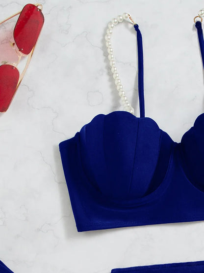 New Swimsuit Women Three Piece Set Solid Blue/Red/Orange/Black Summer Bikini European American Scallop 2024 Swimsuits Wholesale