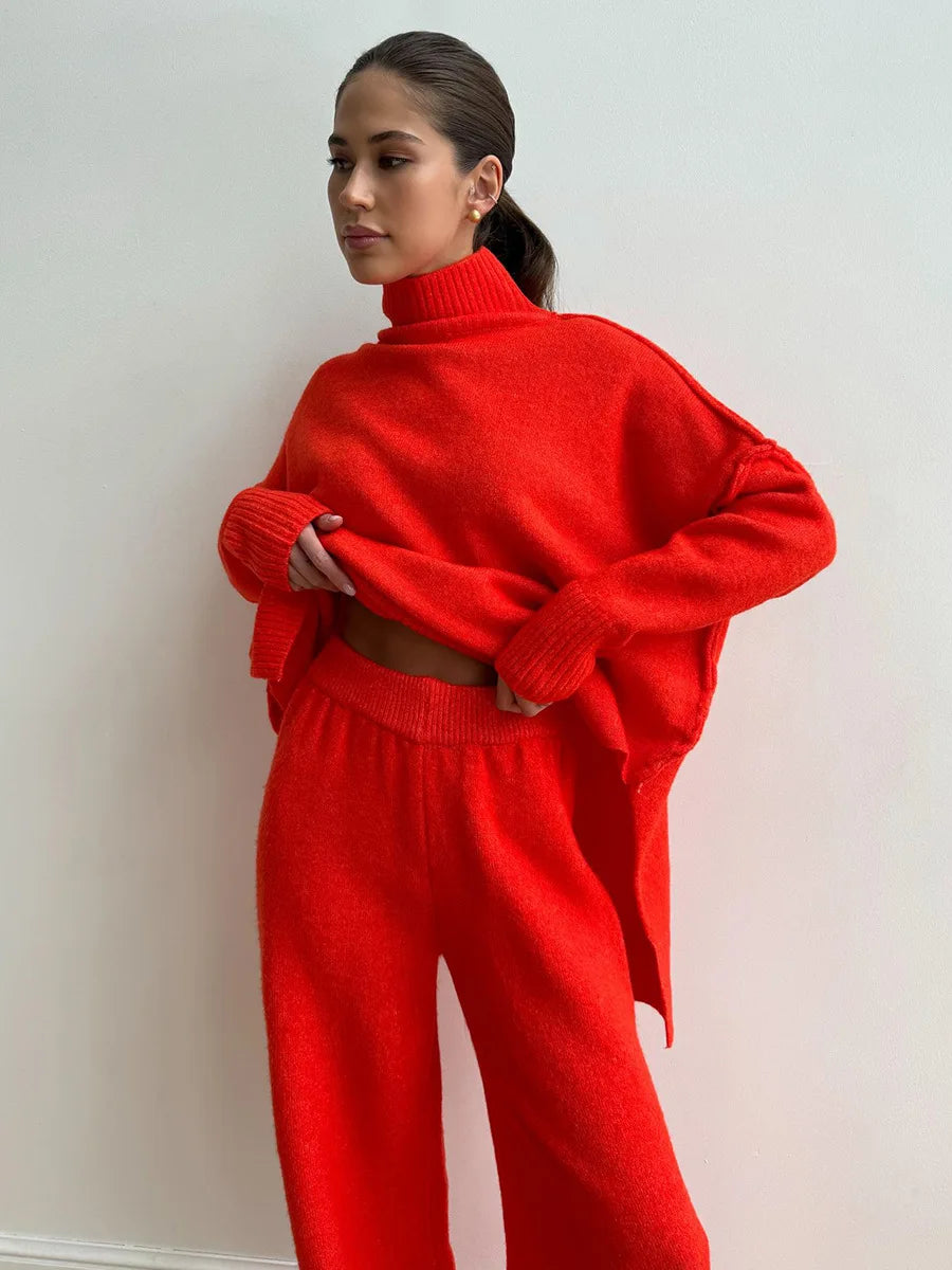 Bornladies Women's Autumn Winter Turtleneck Sweater Pants Set Loose Casual Knitted Sweater  Thicke Loose Pullover 2 Pieces Sets