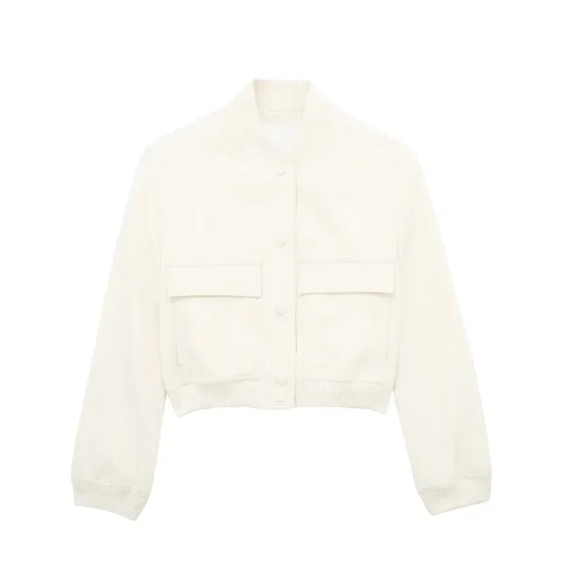 Women Fashion with Pockets Cropped Bomber Jacket Coat Vintage Long Sleeve Front Button Female Outerwear Chic Tops y2k clothes