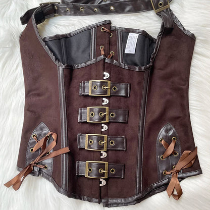 Brown Suede Corset Top with PU Leather Gothic Steampunk Bustier Lace Up Slim Waist Shapewear Women Halloween Cosplay Costume