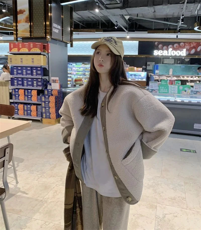 2024 Winter New Women's Lamb Wool Jacket Petite Loose-Fit Thickened Integrated Deer Skin Fleece Medium-Length Korean Style