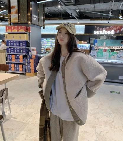 2024 Winter New Women's Lamb Wool Jacket Petite Loose-Fit Thickened Integrated Deer Skin Fleece Medium-Length Korean Style