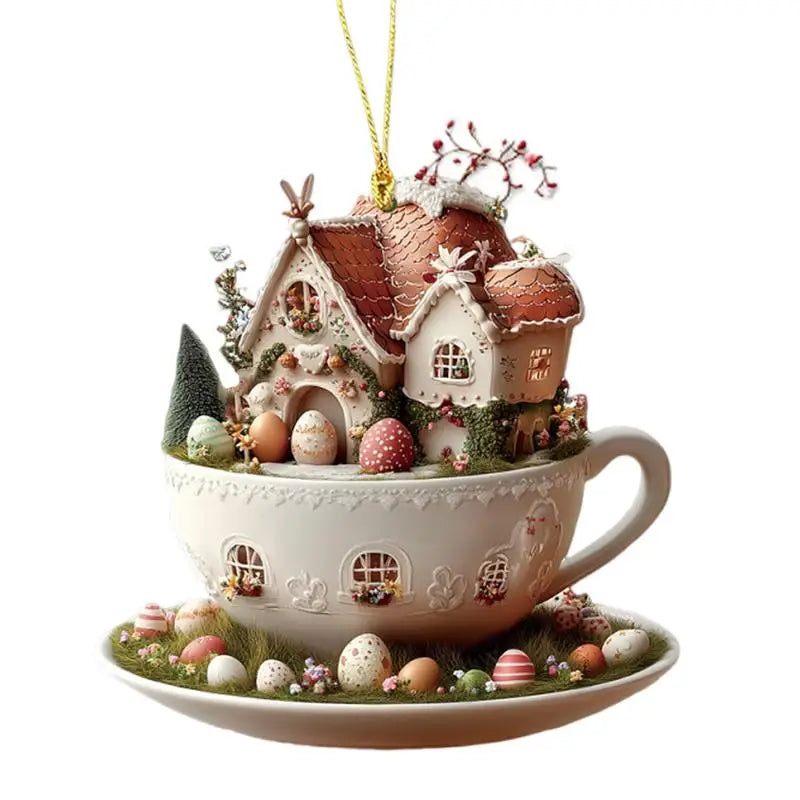 Easter Coffee Cup Ornaments Cartoon Bunny Egg House Coffee Mug Decorative 2D Acrylic Ornaments 2025 Spring Party Supplies