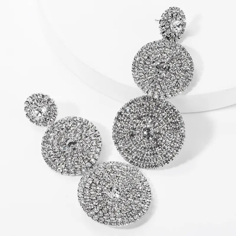 European Exaggerated Multi-layer Round Drop Earrings Women Shiny Rhinestone Geometric Dangle Earrings Party Jewelry Gifts