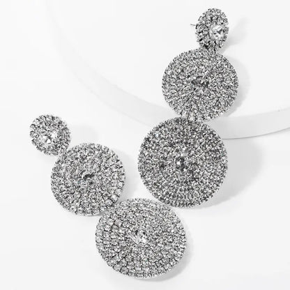 European Exaggerated Multi-layer Round Drop Earrings Women Shiny Rhinestone Geometric Dangle Earrings Party Jewelry Gifts
