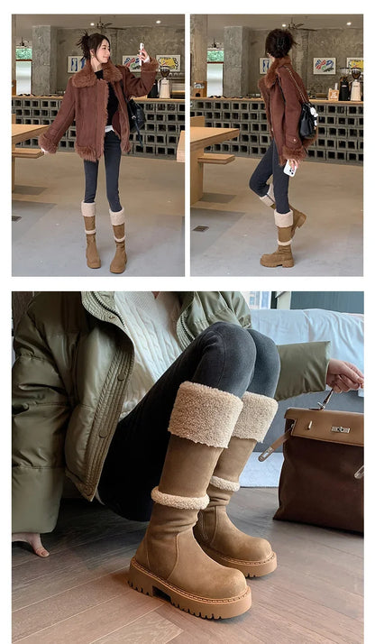 Thickened Lamb Wool Long Tube Snow Boots for Women New 2025 Autumn Winter Anti-slip Fleece-lined Cotton Shoes Knee High Boots