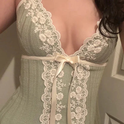 Xingqing Fairy Coquette Tank Top y2k Women Lace Floral V Neck Spaghetti Strap Sleeveless Vest with Bow 2000s Aesthetic Clothing