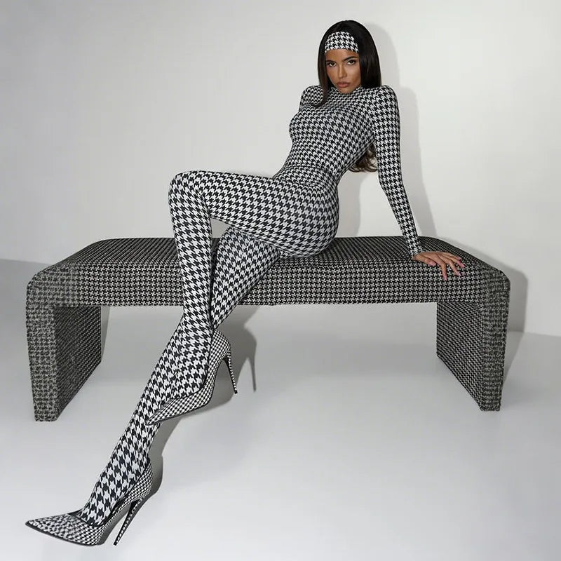 SsTss 2025 Trendy Autumn Winter Houndstooth Print Jumpsuit Women's Stand Collar Long Sleeve Slim Rompers Overalls Y2K Outfits