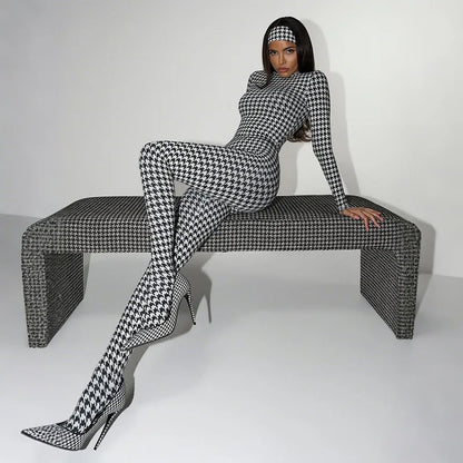 SsTss 2025 Trendy Autumn Winter Houndstooth Print Jumpsuit Women's Stand Collar Long Sleeve Slim Rompers Overalls Y2K Outfits