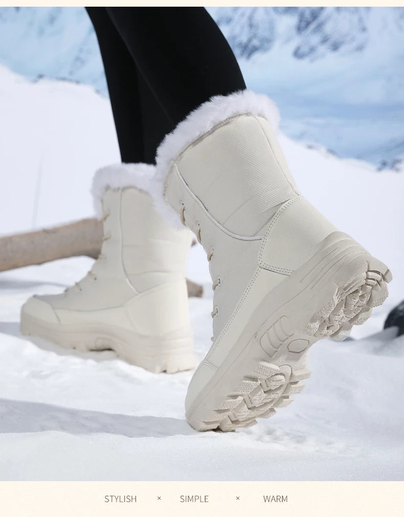 2025 Women's Snow Boots Beige Lace-up Waterproof Antiskid Female New Ankle Boots Walking Shoes plush Winter Warm Mid-Calf Boots