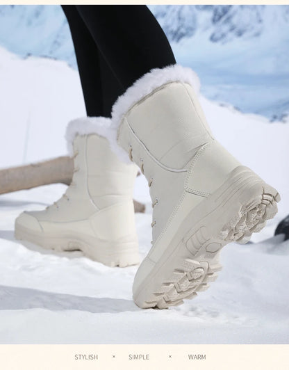 2025 Women's Snow Boots Beige Lace-up Waterproof Antiskid Female New Ankle Boots Walking Shoes plush Winter Warm Mid-Calf Boots