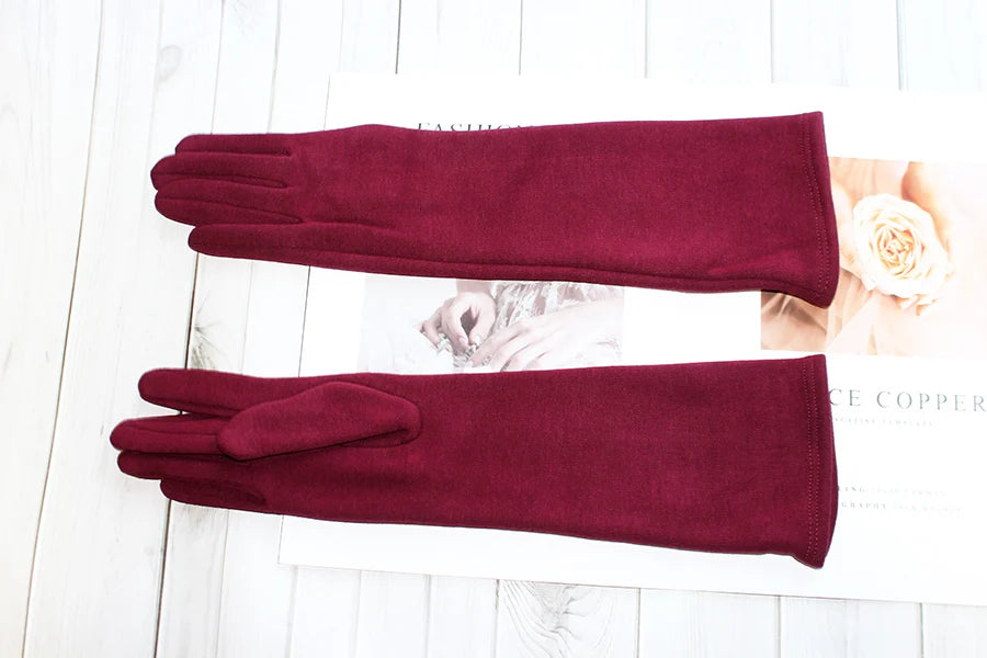 Cotton Long Gloves for Women's Stretch Autumn and Winter Warmth 38cm Windproof and Sun Resistant Knitted Sleeves