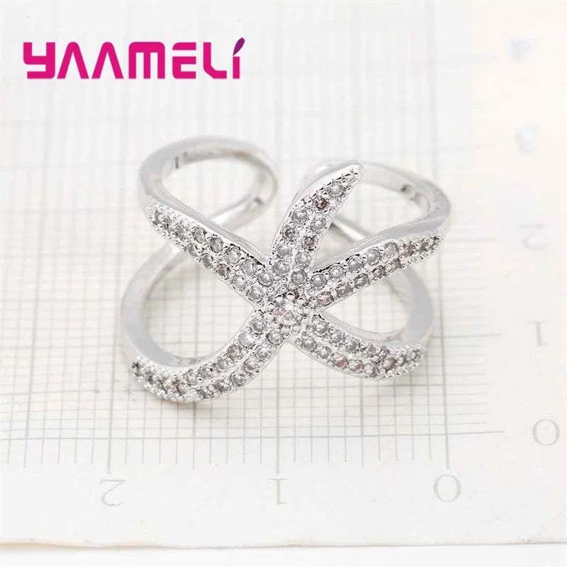 Newest Original 925 Sterling Silver Color Adjustable Ring Big Starfish Paved Shiny White Crystals Opening Rings Women Accessory